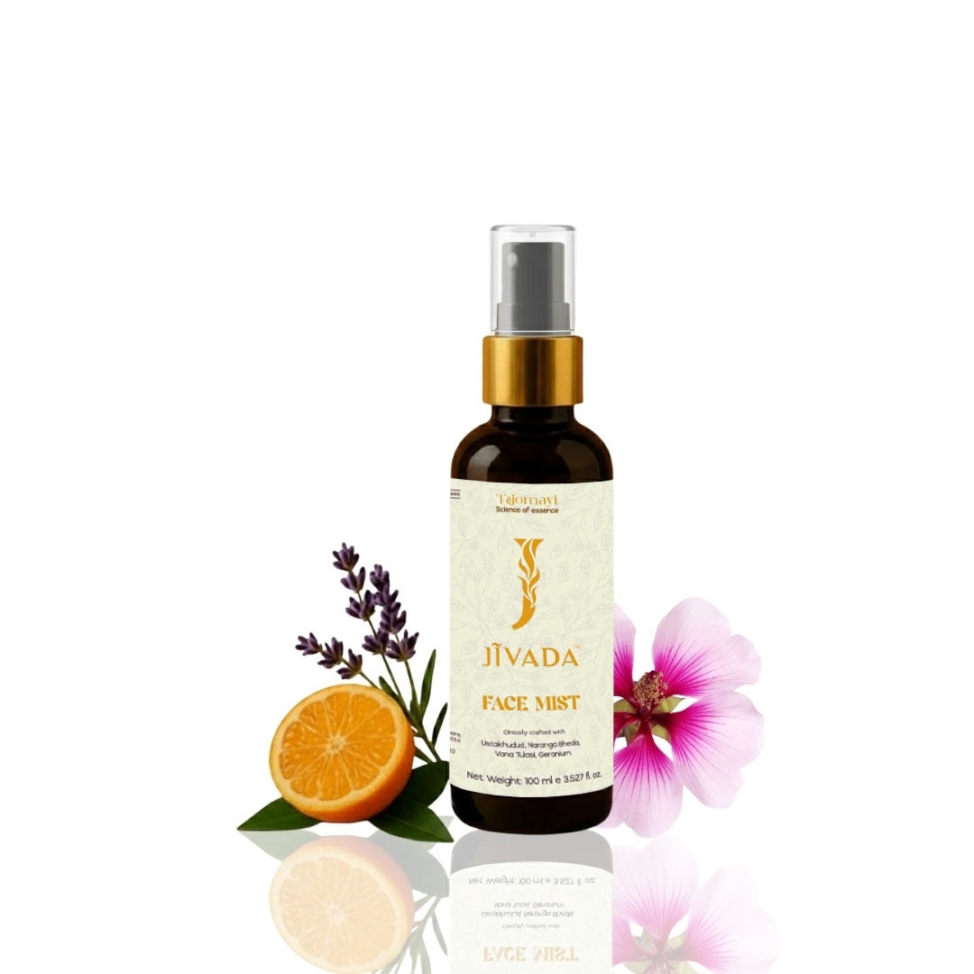 Jivada Pure Ayurveda Face Mist with Narangi Bheda, Vana Tulsi, Geranium | Skin Brightening, Pore Control, Anti Acne, Calming, Pore Minimizing, Natural Glow | Woman & Girl | 100ml